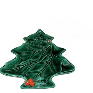 Vintage Lefton Ceramic Holiday Christmas Tree Plate Holly Green Dish